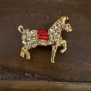 Gold Horse Rhinestone Pin with Red Saddle